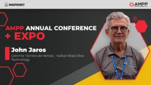 John Jaros en AMPP 2026 presentando soluciones de abrasivos de acero inoxidable.