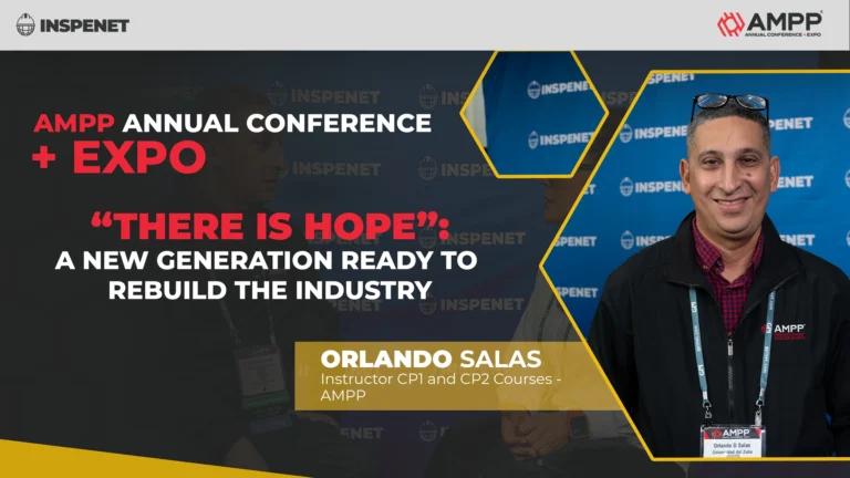 Orlando Salas at the AMPP Annual Conference 2026 speaking about corrosion training and new generations in the industry.