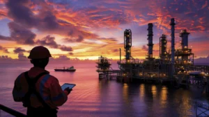 Engineer supervising offshore platform at sunset, illustrating lifecycle traceability under API 18LCM standard