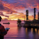 Profesional supervisando plataforma offshore al atardecer, representando la trazabilidad operativa bajo el estándar API 18LCM