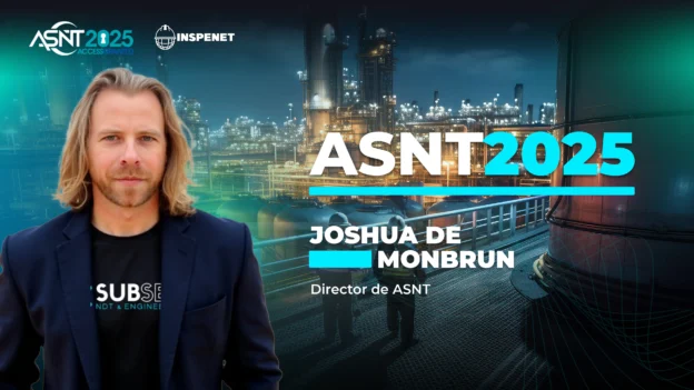 Joshua de Monbrun, director de ASNT, aparece en un banner oficial del evento ASNT 2025 con fondo industrial.