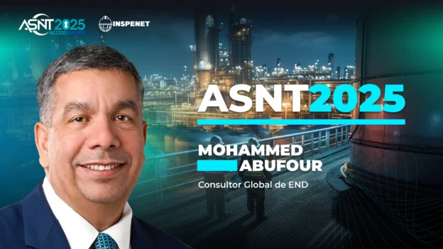 Retrato de Mohammed Abufour, Consultor Global de Ensayos No Destructivos, con fondo industrial y logotipo de ASNT 2025.