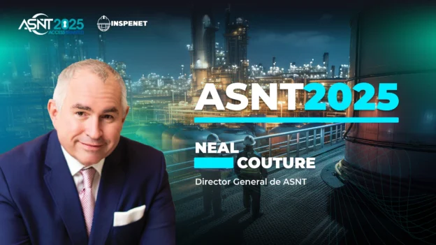 Retrato de Neal Couture, Director General de ASNT, sobre un fondo industrial iluminado. A la derecha se lee “ASNT 2025” y el logotipo de Inspenet.