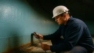 AST tank internal coatings inspection using handheld diagnostic equipment to assess coating failure and corrosion risk inside an aboveground storage tank.