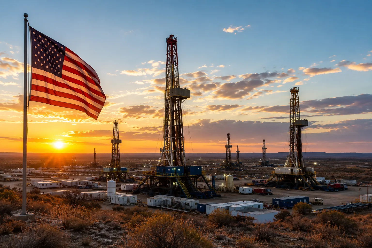Actividad de perforación en Norteamérica con múltiples plataformas terrestres operando en una cuenca petrolera de Estados Unidos durante el amanecer.