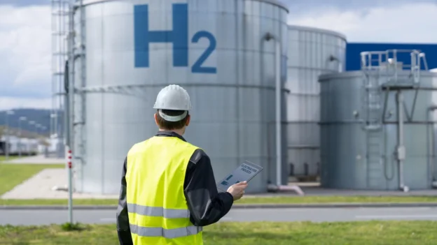 Ingeniero industrial con casco y chaleco reflectante observa una planta de almacenamiento de hidrógeno, con tanques metálicos marcados con “H₂”.