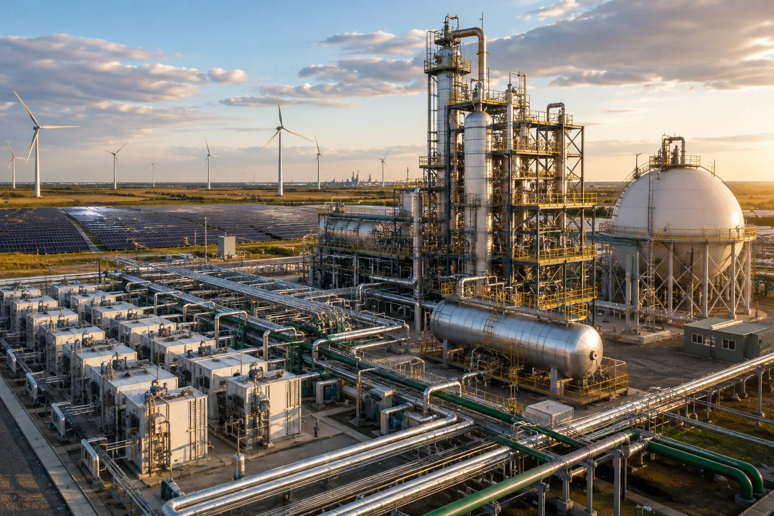 Amoníaco verde en Texas con planta industrial, hidrógeno y energía renovable