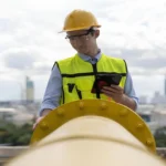 Bolted flange joint certification shown through an inspector verifying a pipeline flange connection.