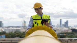 Bolted flange joint certification shown through an inspector verifying a pipeline flange connection.