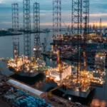 Plataformas de perforación offshore en un puerto, en el contexto de la reanudación de operaciones de Arabian Drilling en Oriente Medio.