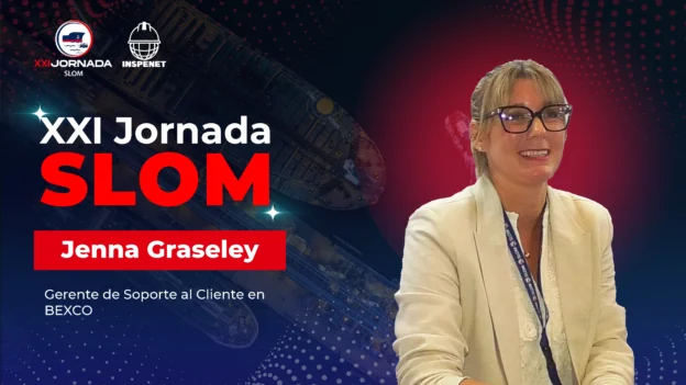 Jenna Graseley,, durante la XXI Jornada SLOM, donde compartió la estrategia de la empresa como proveedor de soluciones de amarre y elevación.
