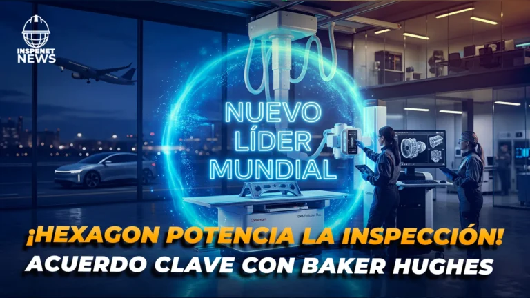 Ilustración de un laboratorio de inspección industrial con un equipo de escaneo avanzado, dos técnicas operando el sistema y los textos “Nuevo líder mundial” y “Hexagon potencia la inspección” junto a la referencia al acuerdo con Baker Hughes.