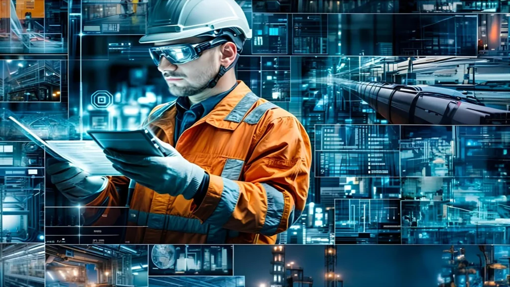 Ingeniero con tablet supervisa procesos digitales avanzados en instalaciones industriales, reflejando innovación tecnológica en el sector energético.
