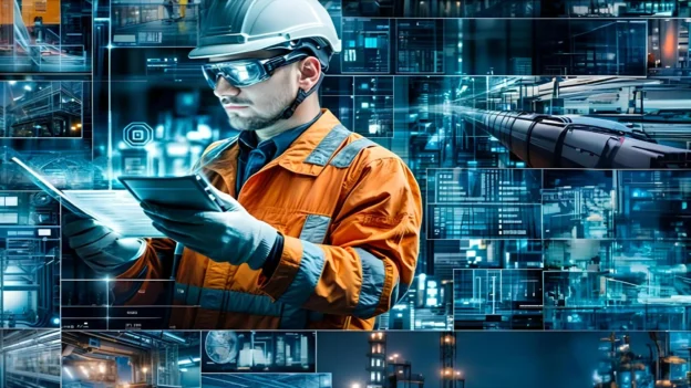 Ingeniero con tablet supervisa procesos digitales avanzados en instalaciones industriales, reflejando innovación tecnológica en el sector energético.