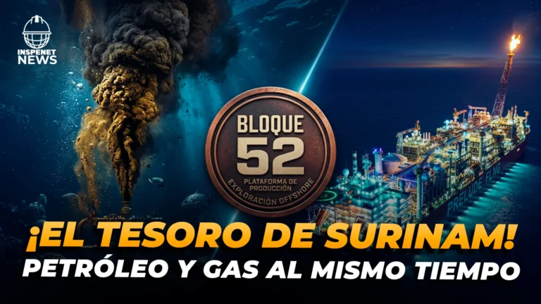 Ilustración del Bloque 52 Surinam con operaciones de exploración offshore de petróleo y gas en aguas profundas.