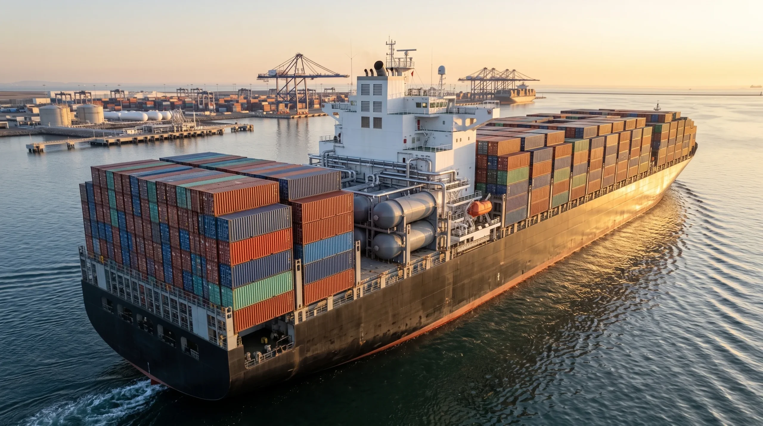 Buque de doble combustible GNL navegando hacia un puerto internacional con infraestructura de abastecimiento de GNL para un transporte marítimo más sostenible.