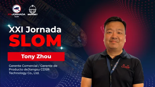 Tony Zhou, durante la XXI Jornada SLOM 2025, donde presentó la visión de la empresa sobre el uso y desarrollo de mangueras marinas para la industria offshore en América Latina.