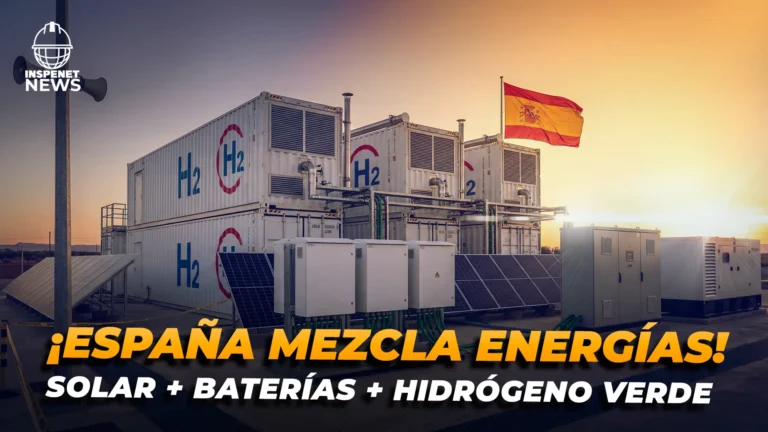 Instalación de hidrógeno verde en España con contenedores H2, paneles solares y sistemas de baterías bajo una bandera española.