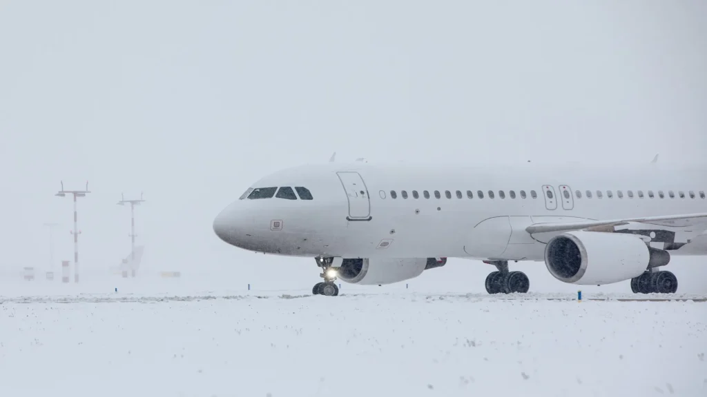 Avión en pista nevada expuesto a condiciones de hielo que afectan la seguridad aeronáutica