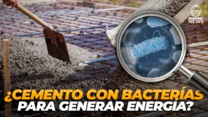 Cemento fresco con paleta en obra de construcción, acompañado de un montaje con lupa que muestra bacterias Shewanella oneidensis en detalle microscópico, ilustrando el concepto de cemento vivo capaz de generar y almacenar energía.