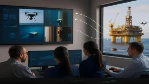 Centro de control supervisando un activo conectado mediante drones y vehículos robóticos, con enlace de datos en tiempo real desde una plataforma offshore.