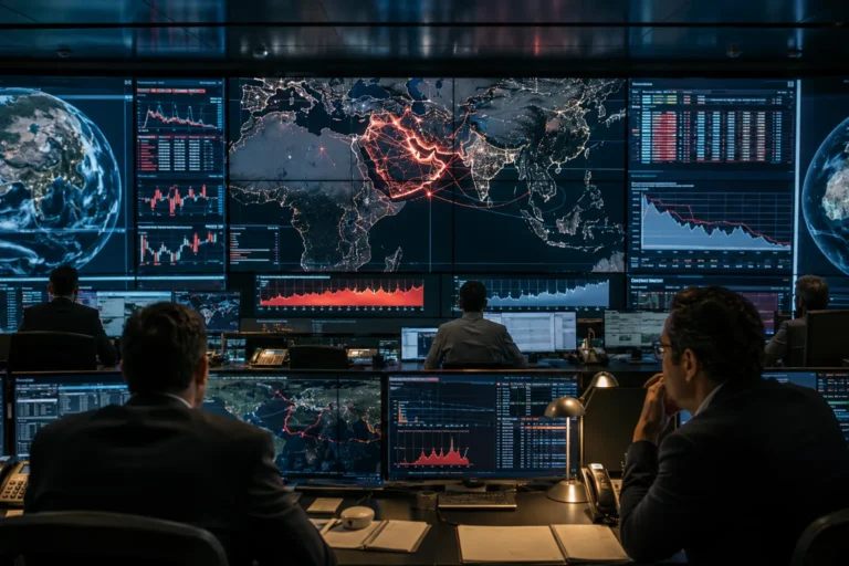Centro global de monitoreo energético durante una crisis de suministro petrolero que afecta los flujos mundiales de crudo