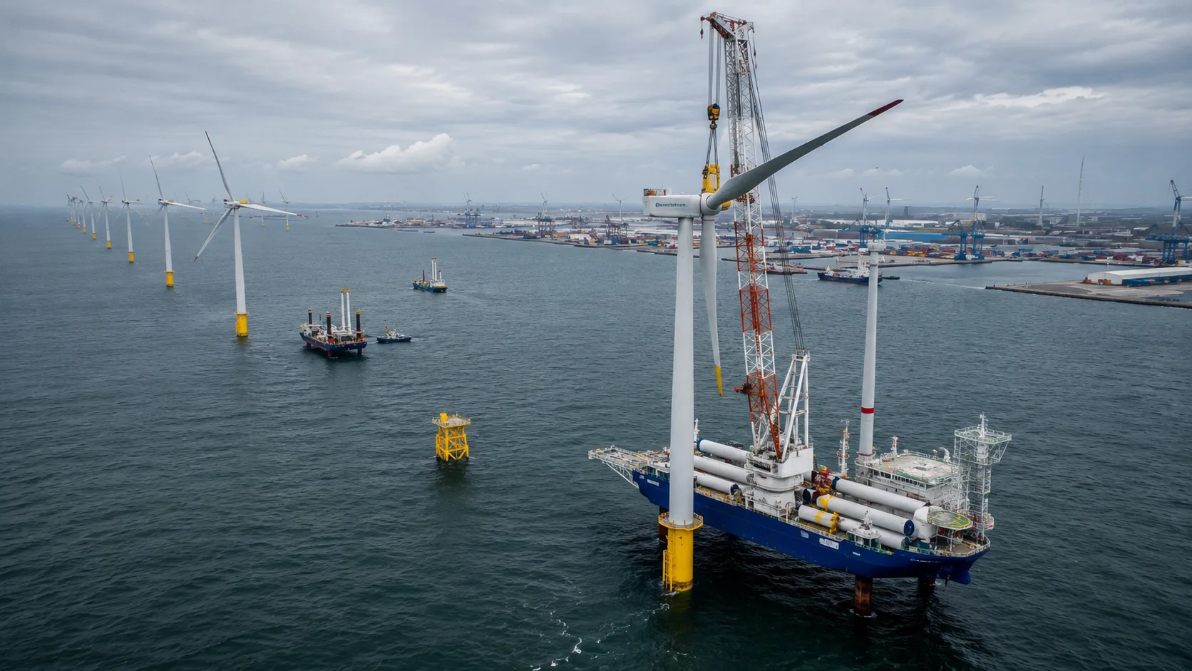 Energía eólica offshore europea en construcción con buque de instalación, turbinas marinas y cadena de suministro industrial destinada a cumplir los objetivos energéticos de 2030.