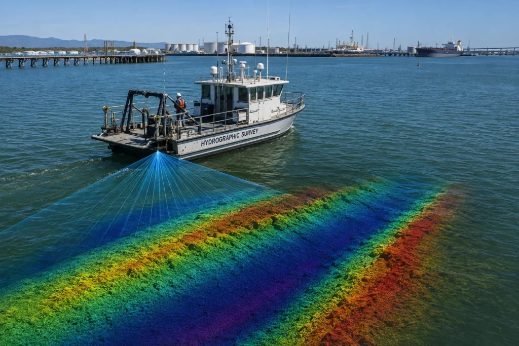 Bathymetric survey to evaluate the draft of a navigation channel.