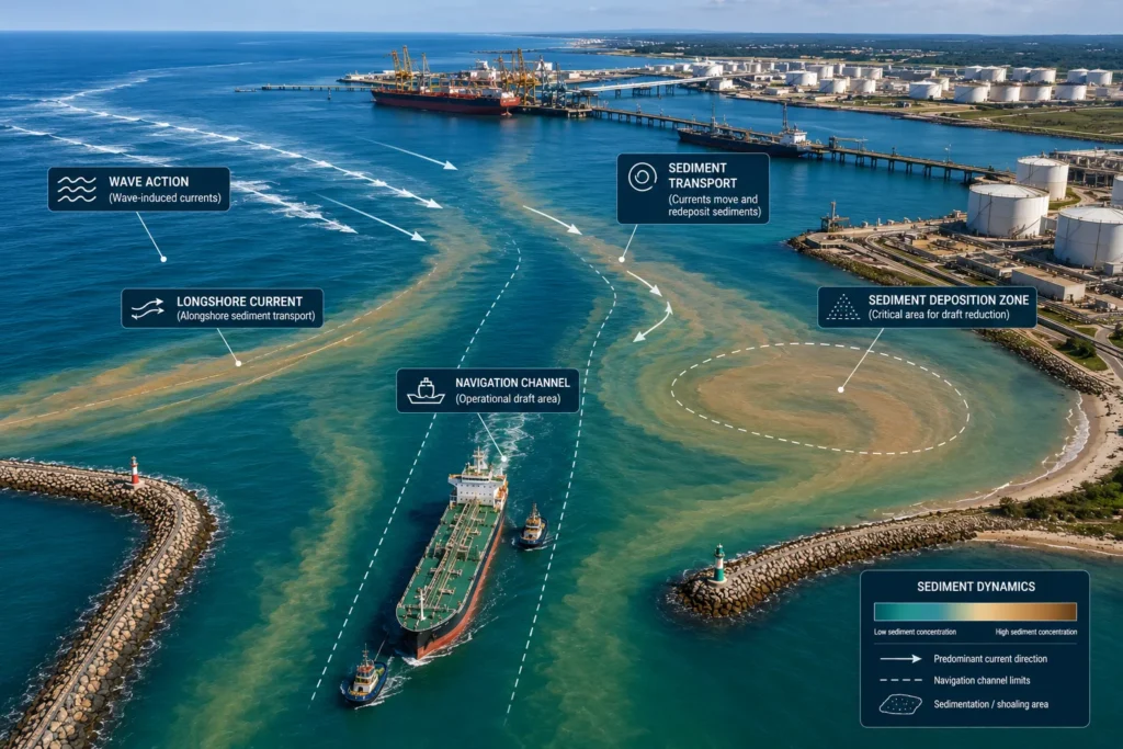 Sediment transport and sedimentation in a port channel.
