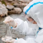 Investigador toma muestras de agua para evaluar soluciones sostenibles de tratamiento de aguas residuales mineras en un proyecto respaldado por Urenco.