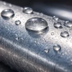Close-up of water droplets on a metallic surface, illustrating the moisture-repellent barrier effect of Intelligent coatings for industrial protection.
