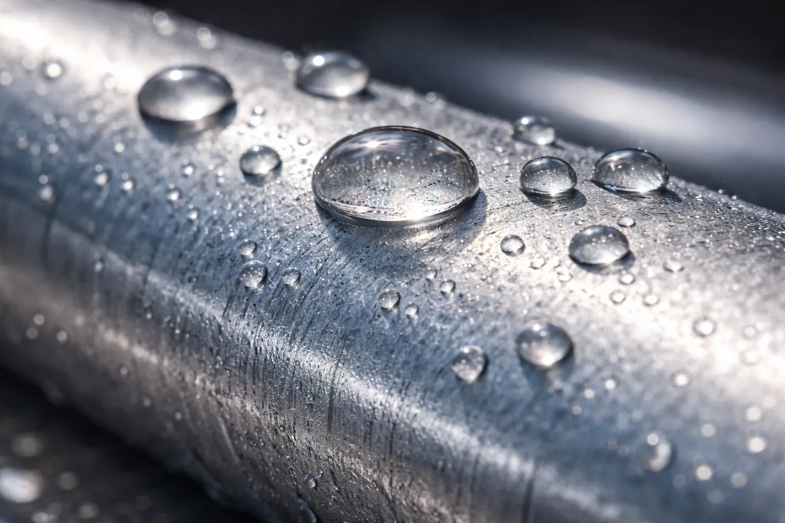 Close-up of water droplets on a metallic surface, illustrating the moisture-repellent barrier effect of Intelligent coatings for industrial protection.