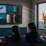 Control center monitoring a connected asset using drones and robotic vehicles, with real-time data link from an offshore platform.