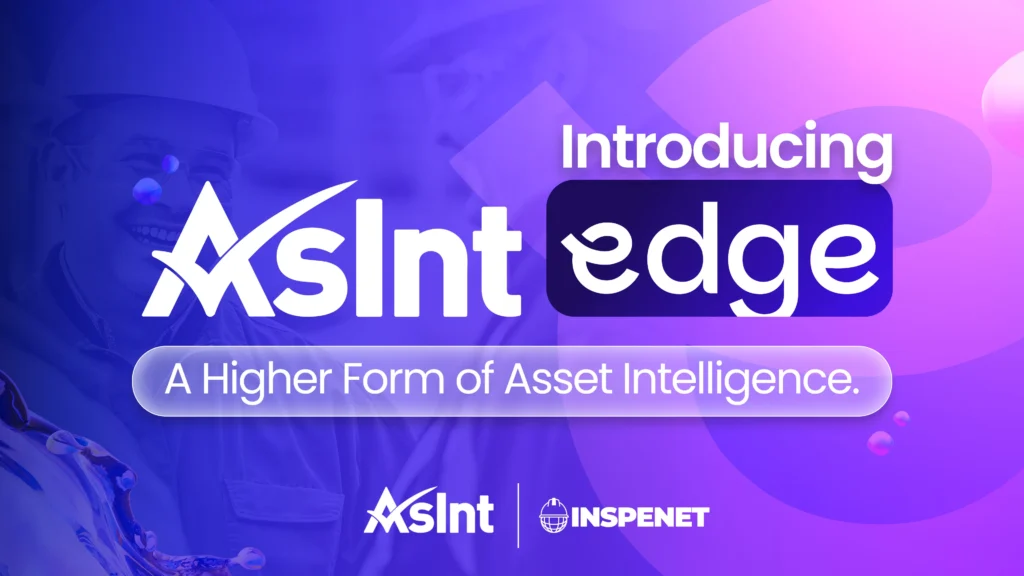 Promotional graphic for AsInt Edge featuring an industrial worker, a blue, violet, and pink gradient background, and the slogan “A Higher Form of Asset Intelligence.”