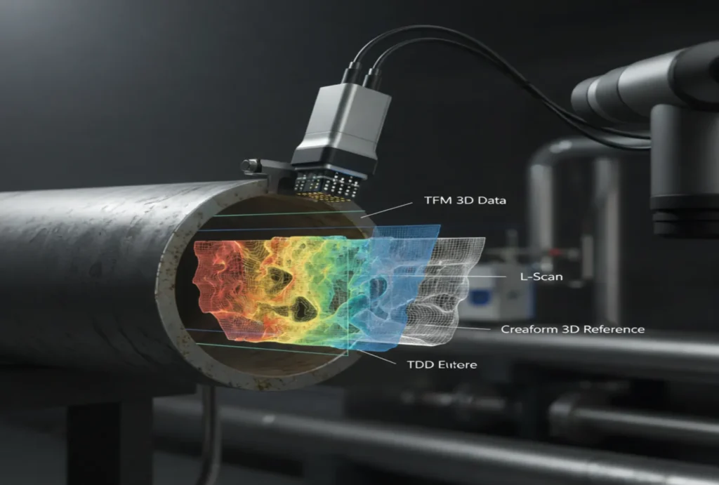 Phased-array ultrasonic probe performing Total Focusing Method corrosion mapping on a pipe, showing color-coded wall-thickness data compared with L-scan and 3D laser reference.