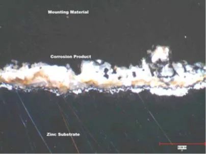 Cross-sectional micrograph showing corrosion layers