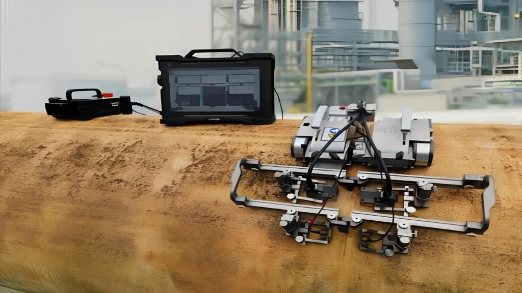 Cypher® system with NAV2 robotics used for advanced pipeline inspection, displaying real-time data on a tablet in an oil and gas facility.