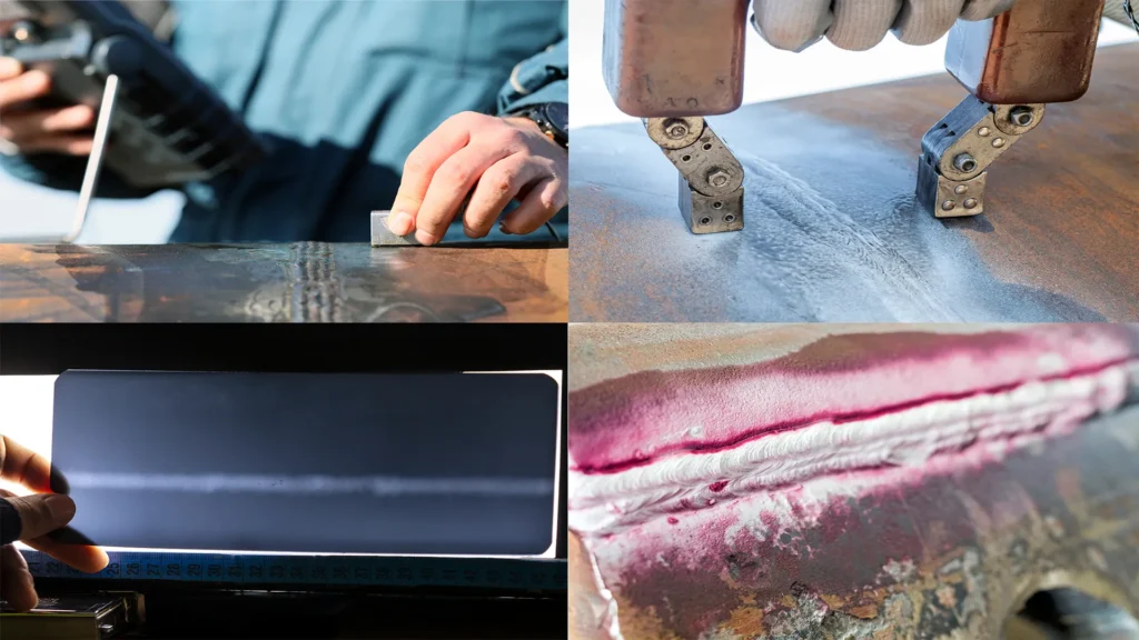 Collage de cuatro técnicas de Ensayo No Destructivo: inspección por ultrasonido, partículas magnéticas, radiografía industrial y líquidos penetrantes sobre soldaduras metálicas.