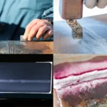 Collage de cuatro técnicas de Ensayo No Destructivo: inspección por ultrasonido, partículas magnéticas, radiografía industrial y líquidos penetrantes sobre soldaduras metálicas.