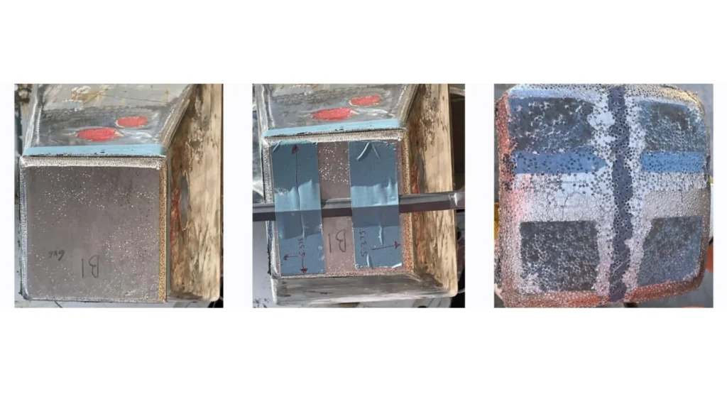 CMF instalado en la parte superior del indentador, sensor conectado al CMF, CMF después de la prueba de punción