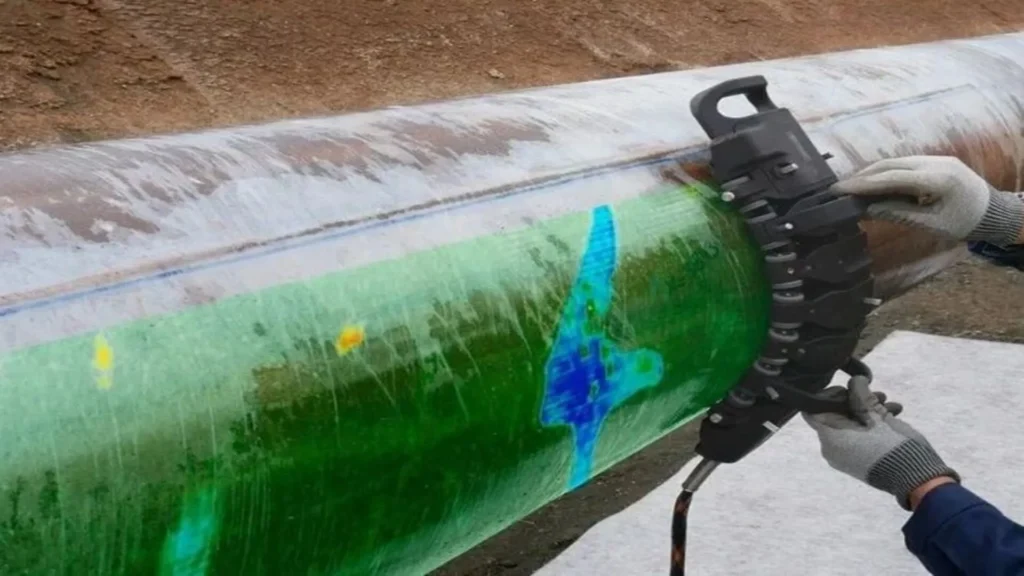 Técnico inspeccionando una tubería con tecnología Eddy Current Array, mostrando defectos internos codificados por colores en la superficie del acero inoxidable.