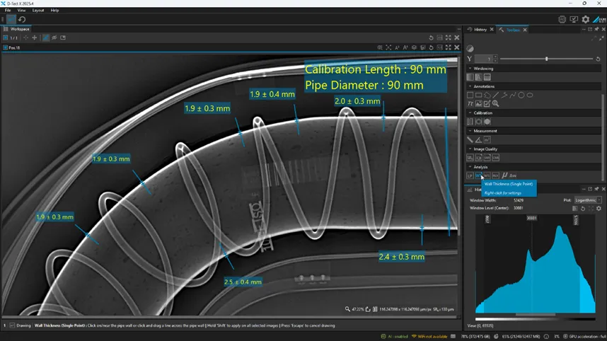 Digital X-ray image of a curved pipe in D-Tect X software with automatic wall thickness measurements and calibration parameters.