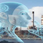 Visual illustration of AI integration in EPCC environments, with artificial intelligence overseeing engineering, construction, and data-driven project execution in an industrial plant