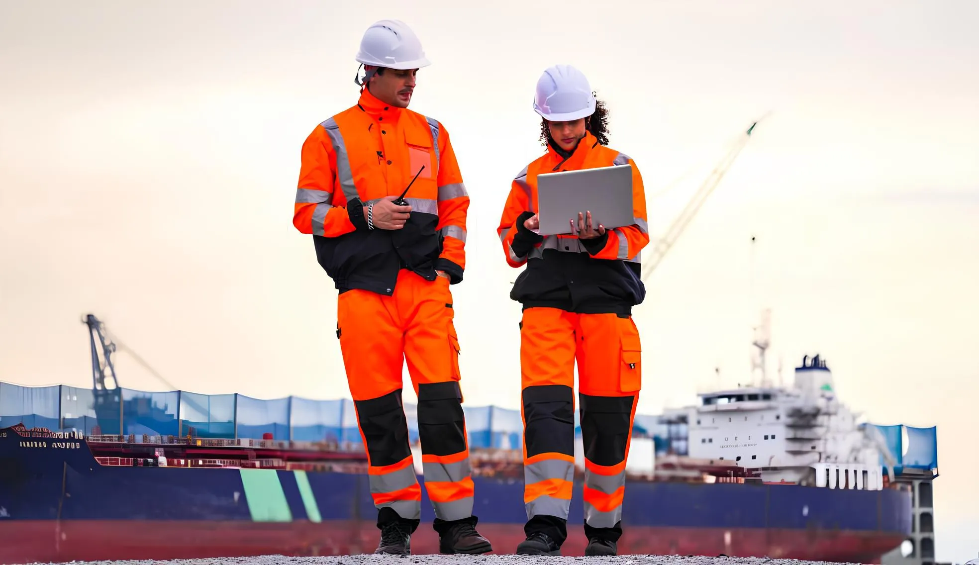 Dos trabajadores con casco y ropa de seguridad naranja revisan información en una computadora portátil mientras caminan en un área operativa de terminales petroleros, con un buque y equipos portuarios al fondo.