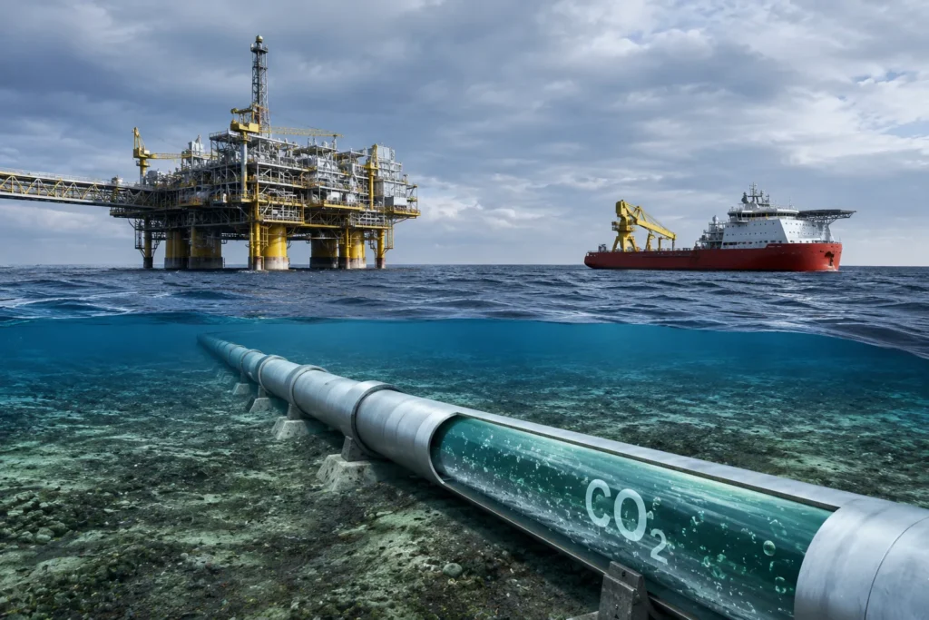 Ductos offshore para CO₂ conectados a infraestructura de almacenamiento geológico submarino