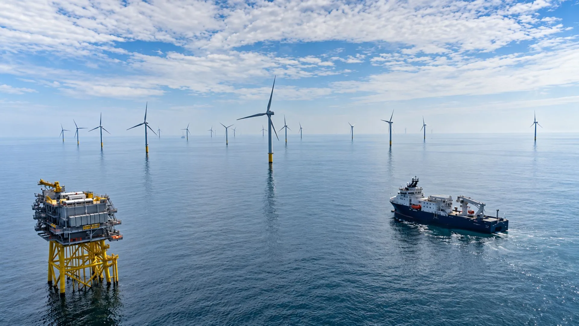 Parque eólico marino Dudgeon con aerogeneradores, plataforma offshore y buque de apoyo en aguas del Reino Unido.