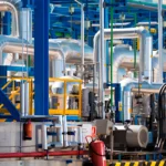 Industrial plant with metal pipes and blue structures in the petrochemical sector where NDT is applied for inspection and control.
