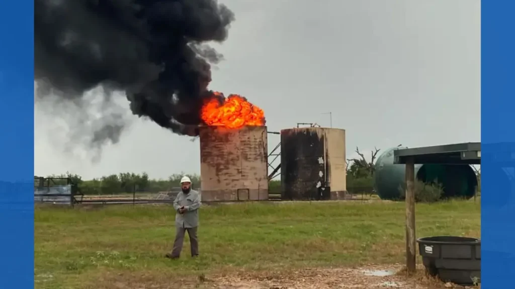 Tanque de petróleo se incendia tras ser alcanzado por un rayo en Fayette, Estados Unidos