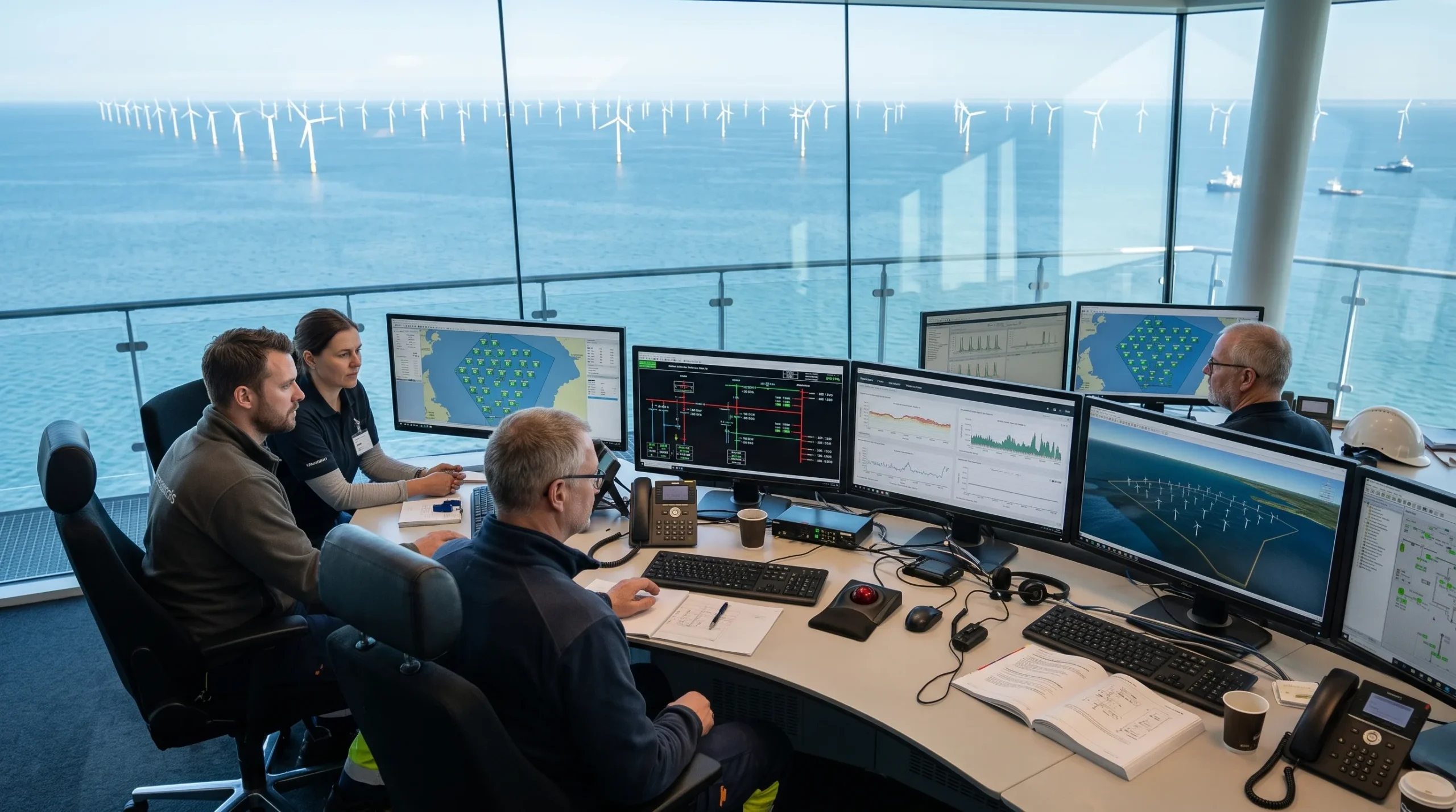 Energía eólica offshore monitoreada desde un centro de control para garantizar el suministro eléctrico y la seguridad energética en Europa