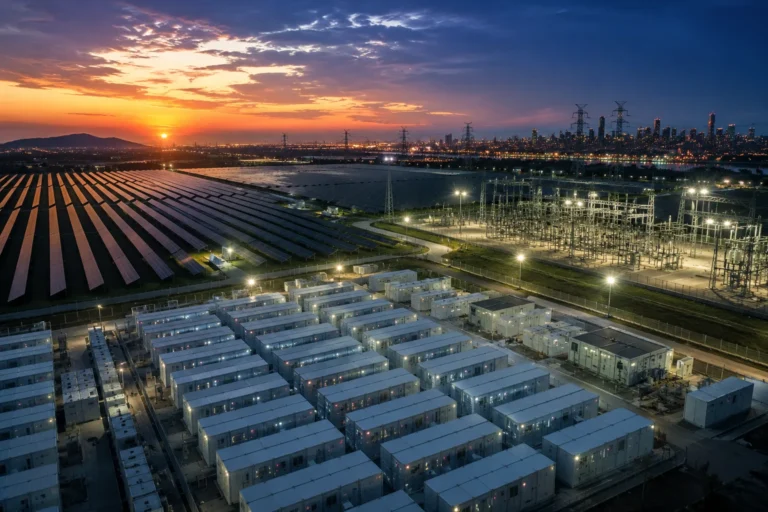 Energía renovable 24/7 representada por un parque solar integrado con un sistema BESS, una subestación eléctrica y una ciudad abastecida con electricidad limpia de forma continua.